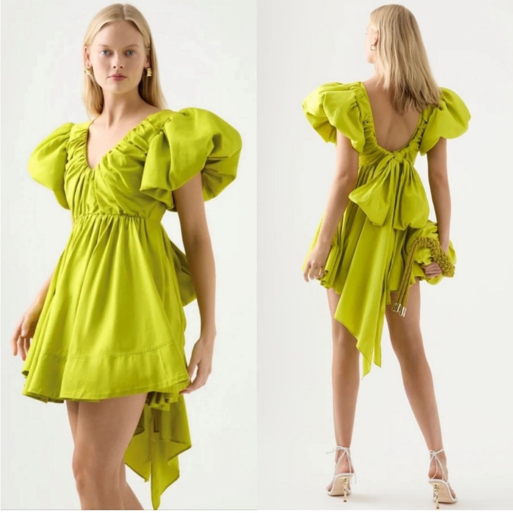 NWT AJE. Gretta Bow Back Mini Dress in Chartreuse Green - AUS 12/ US 8